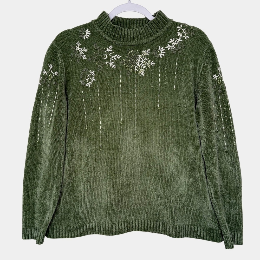 Vtg Alfred Dunner Sage Green Chenille Sweater M Embroidered Snowflake Cozy